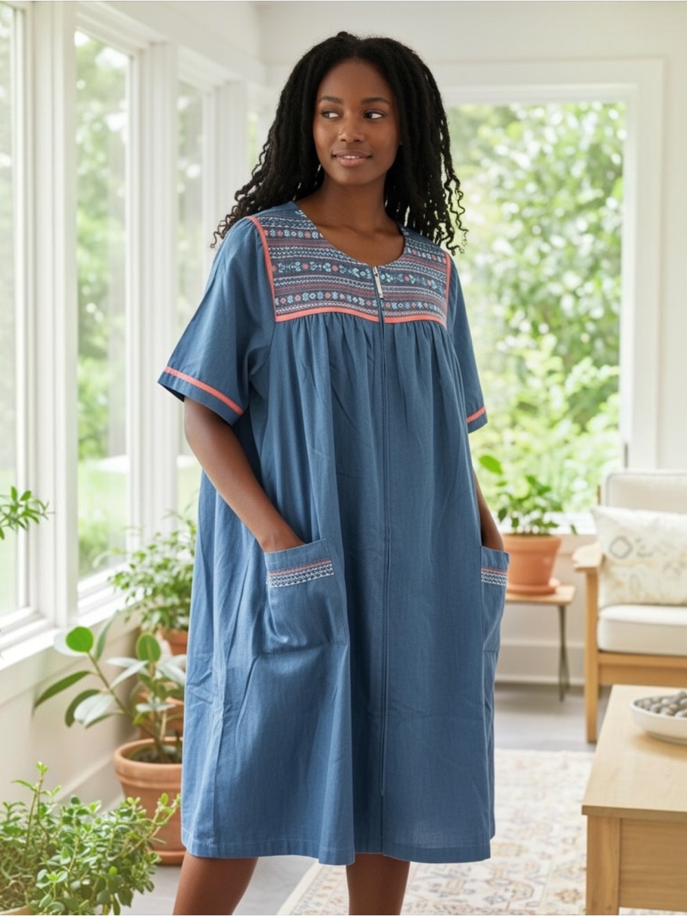 NWT Go Softly Patio Woman Embroidered Denim Zip‎ Front Mumu House Dress 3X
